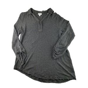 J Jill Women's Black Grey Stripe Collared Long Sleeve Tunic Top Lightweight M